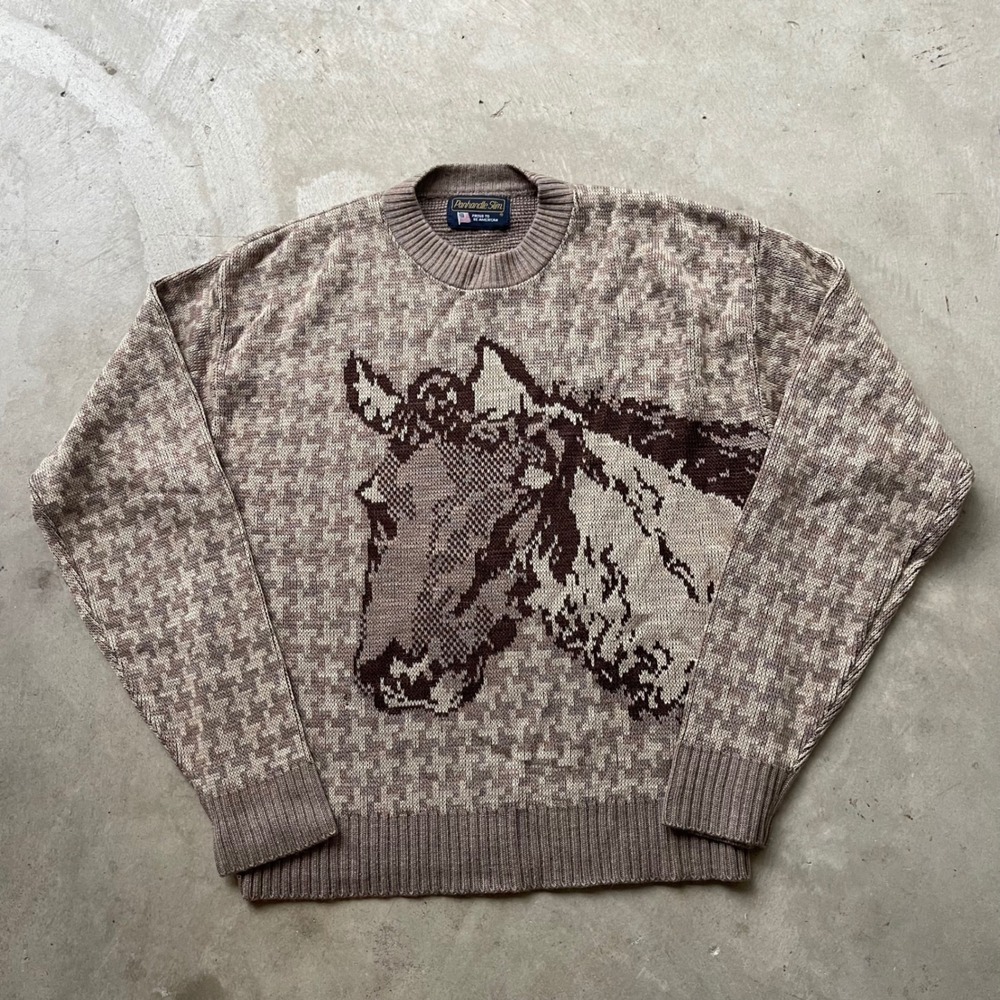 Vintage Panhandle Slim Horse Intarsia Houndstooth Knit Sweater Brown Tan Large